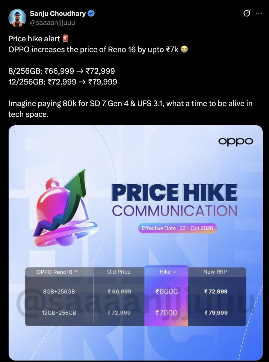 OPPO Reno 16 5G price Hike Tipped