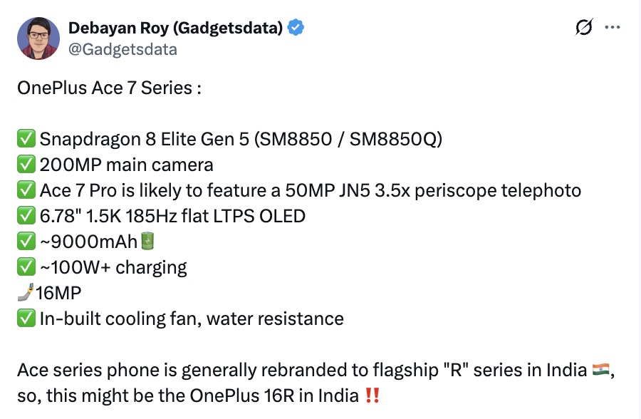 OnePlus Ace 7 Series - Specs Tipped