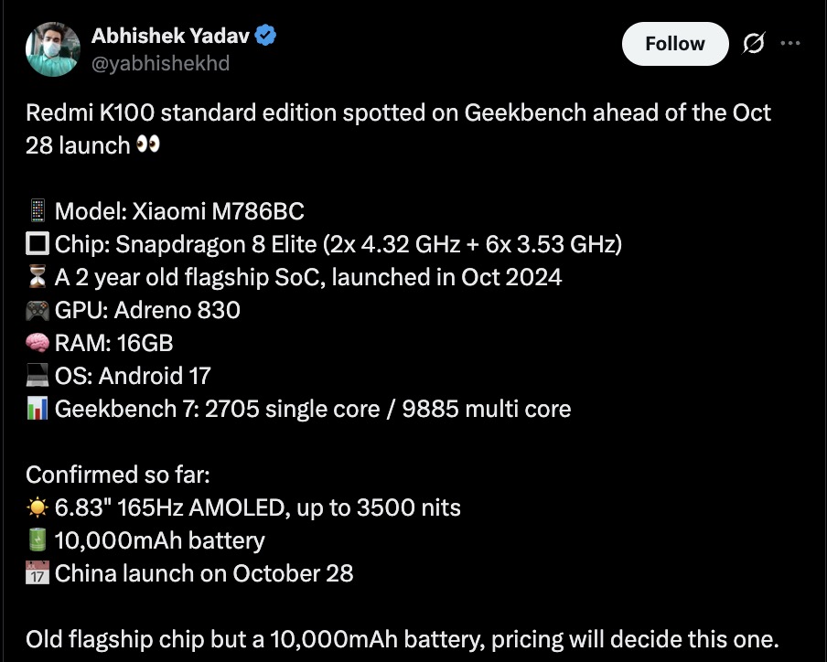 Redmi K100 - Geekbench via Abhishek Yadav