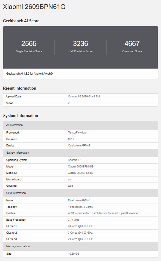Xiaomi 18 Pro - Global Geekbench