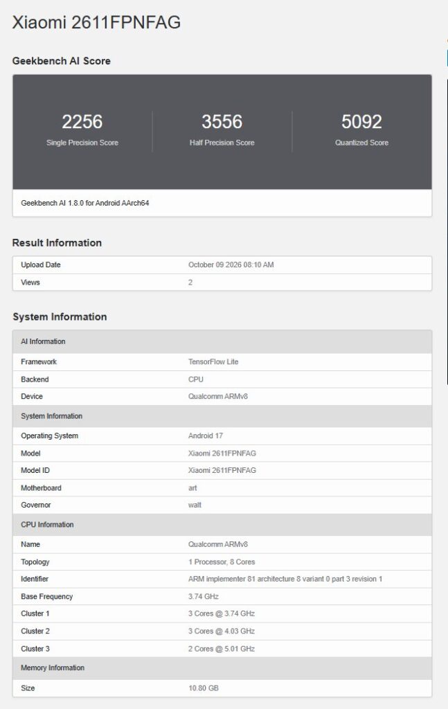 Xiaomi 18 Pro Max - Global Geekbench