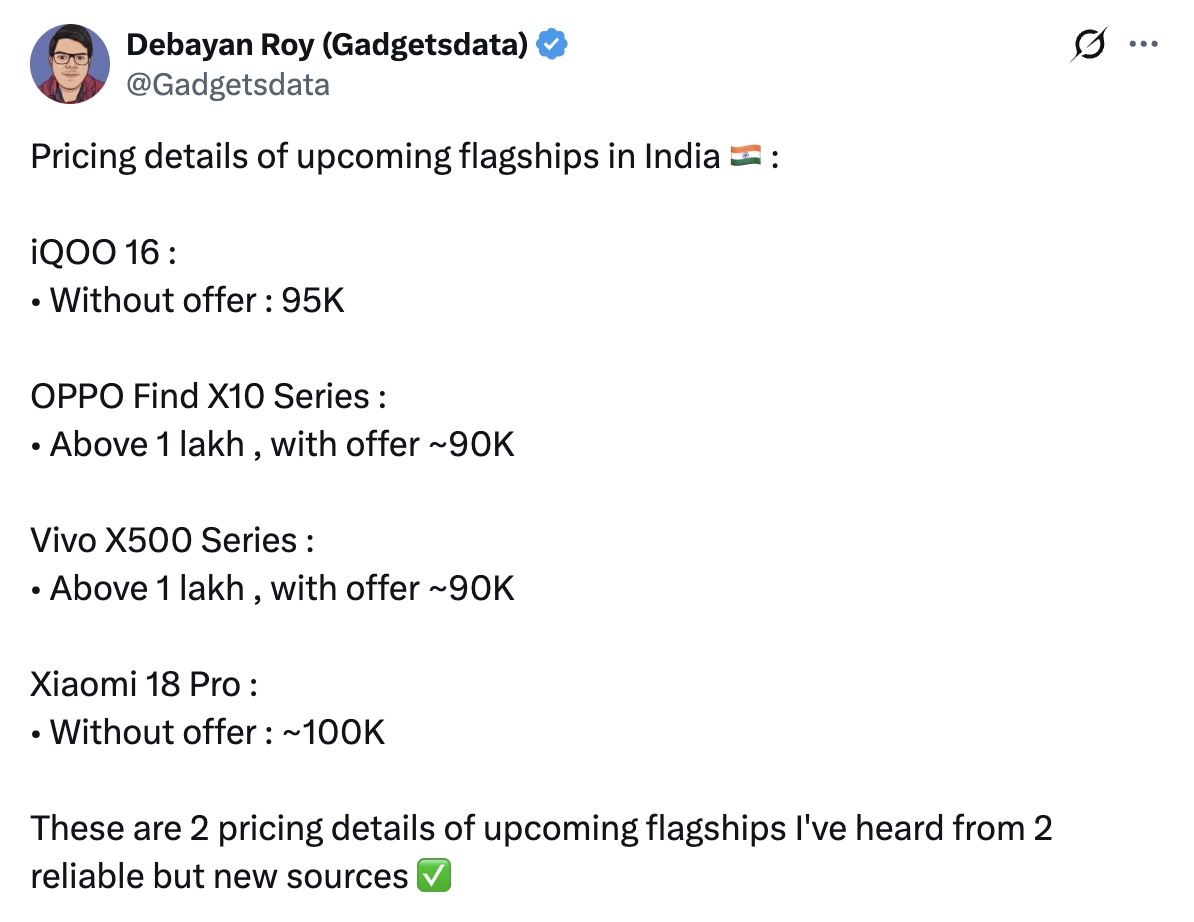 Xiaomi 18 Pro, Vivo X500 Series, OPPO Find X10 Series, and iQOO 16 India Price Range Tipped