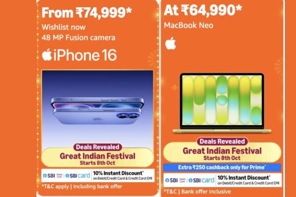 Apple iPhone 16 and MacBook Neo Amazon Great Indian Festival Sale Prices Revealed, Starting at INR 74,999 and INR 64,990 Respectively Including Bank Offers