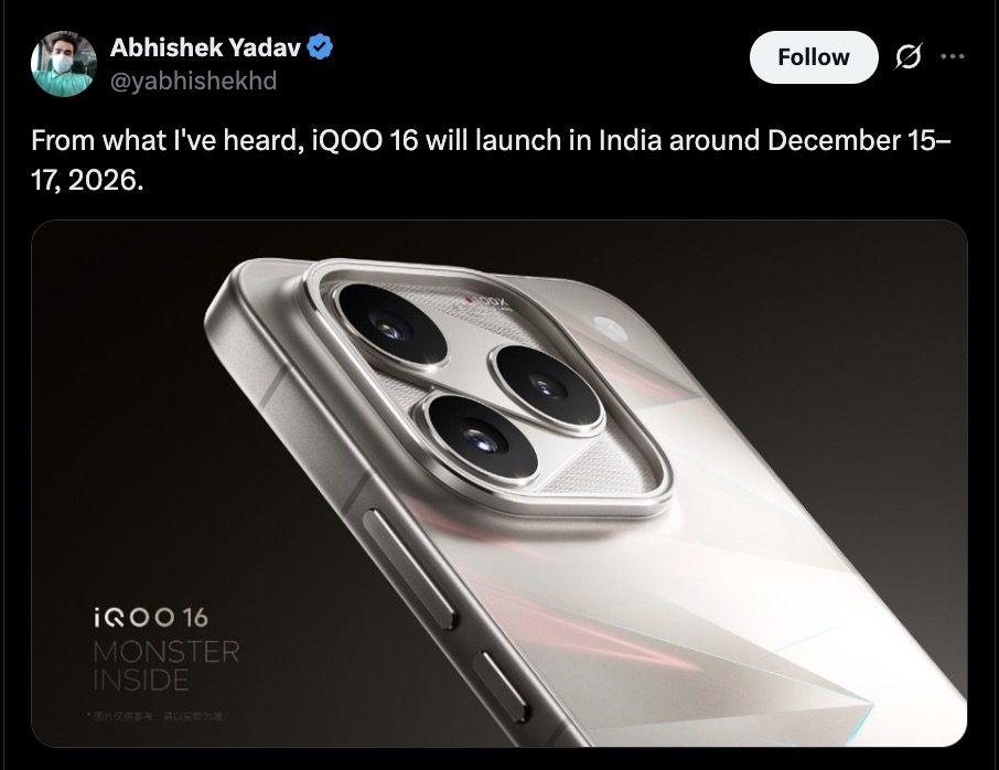 iQOO 16 India Launch Timeline Tipped